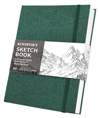 KINSPORY Cuaderno de Bocetos en Tela con Tapa Dura, Bloc de Dibujo, 50 Hojas) Papel de Boceto Perforado Profesional 150 g/m², Bloc de Dibujo de Viaje para Artistas, Adultos (verde, A5 (50 Hojas))