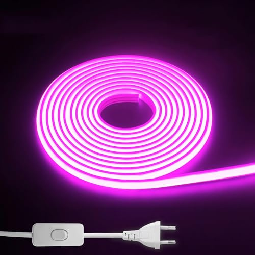 Ruban LED Extérieur COB 220V IP65 Bande Lumineuse Flexible (Rose,10m) | 780 lm/m, 240 LED/m, 10 W/m, lumière à 180°, recoupable tous les 10 cm et jusqu’à 50 m avec prise interrupteur.