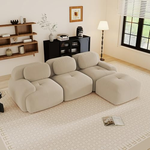 Yihomfy Canapé d'angle Modulaire Désossé, Velours côtelé Canapé 3 Places et 1 Pouf, Configuration Libre, Canapés en L de Salon, sans Montage (Beige, 3 Sièges + 1 Pouf)