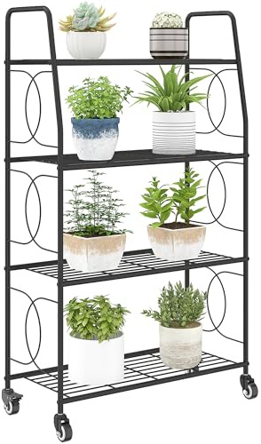 Outsunny 4-Etagen Pflanzenständer,114 cm hoch Blumenständer mit Rollen, Griffe Pflanzenregal aus Metall, mehrstöckig Blumenregal, Blumentopfständer für Garten Balkon Deko, Schwarz