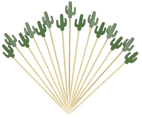100 Palillos para Aperitivos con Cactus, Pinchos para Aperitivos Hawai, Palillos de Cóctel de Madera, Decoraciones Cócteles Graciosos, Decoración de Fiestas para Fruta, Postres, Tartas (Farbe-F)