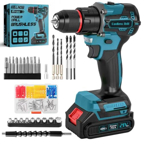 Perceuse Visseuse Sans Fil Brushless 21V KELNOW, Perceuse Percussion 60 Nm, Batterie 2,0 Ah, Mandrin Métal 10 mm, 2 Vitesses 25+3 Couples, Visseuse Dévisseuse avec 87 Accessoires Bricolage (Bleu)