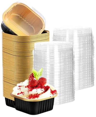 Hniuyun 100 Pack Aluminum Foil Mini Loaf and Square Baking Pans with Lids 180ml Cake Bread Molds for Brownies Holiday Gifts Packaging (Black)