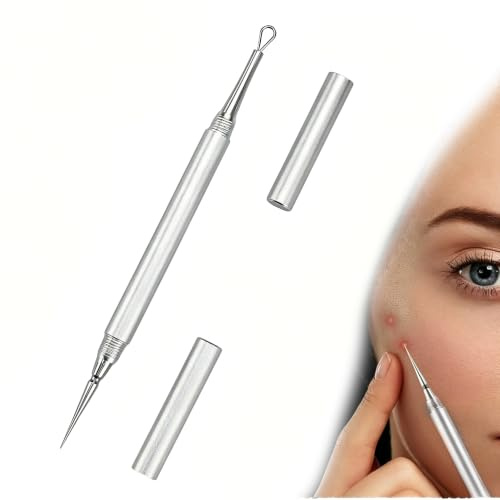 JIEBYTUY 12.8cm Silver Stainless Steel Acne Extractor - Single Pimple Popper Tool, Blackhead Remover, Comedone Squeezer & Milia Opener for Facial Skin Care