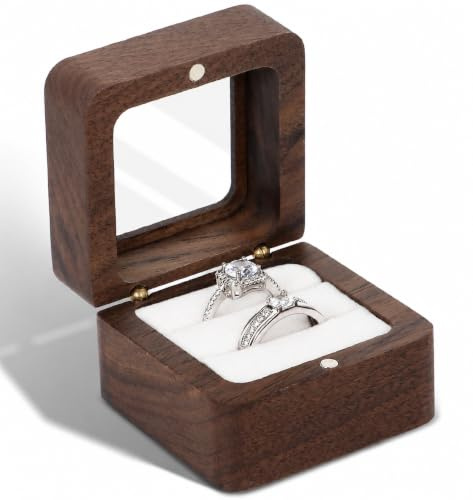 Viktauy Ringbox Holz, Walnussholz Ringbox Hochzeit mit Doppeltem Schlitz | Vintage Massive Walnuss Ringschatulle für Heiratsantrag, Verlobung, Hochzeit und Tägliche Lagerung, Weiß Innenausstattung