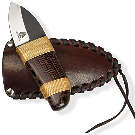 PMX D2 Rhino Ötzi Couteau d'extérieur fait main avec manche en bois réversible et manche en acier D2 et fourreau en cuir 70 mm