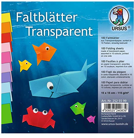 Ursus 2525599 - Transparentpapier Faltblätter 115 g, ca. 15 x 15 cm, 100 Blatt sortiert in 10 verschiedenen Farben, einseitig bedruckt