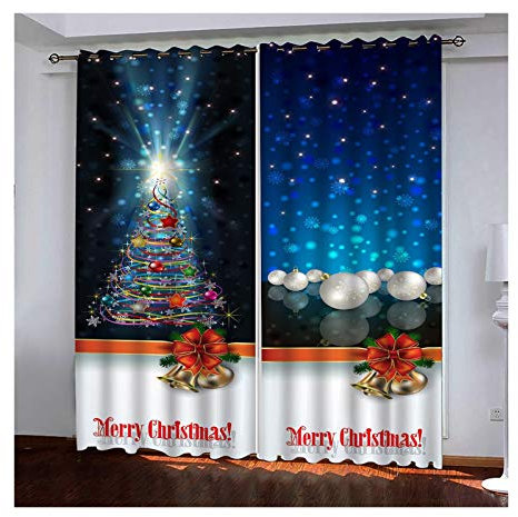 Daesar Tende Soggiorno Moderne 2 Pezzi, Tenda per Soggiorno Moderna Albero di Natale e Campane Tenda Vetro Azzurra Rosso Tende Vetro Oscuranti 137x138CM
