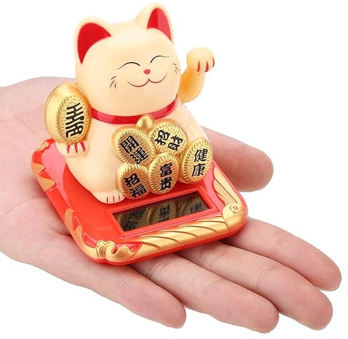 Waving Cat, Solar Powered Lucky Cat Money Beckoning Waving Arm Maneki Welcoming Fortune Wealth Prosperity Feng Shui, Chinese Japanese Cats Figurine Home Office Car Decoration Gift (Gold)