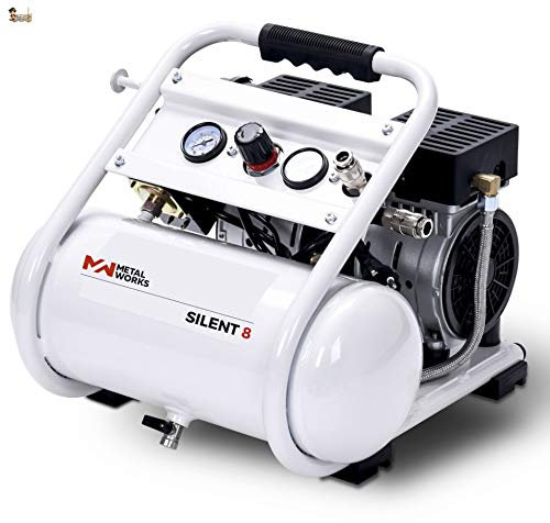 BricoLoco Compresor aire silencioso portátil, pequeño y ligero. 10 bares de presión. 1 CV de potencia. Depósito 8 lts. ¡¡¡ SÓLO 68 DECIBELIOS !!! Dos salidas de aire.