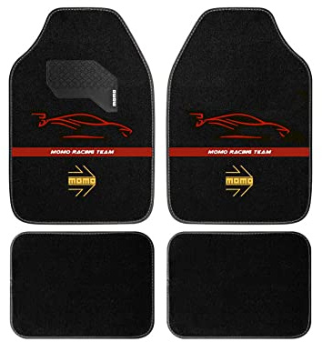 MOMO - Set de 4 Alfombrillas Universales, de Color Negro con Costuras Blancas, Antideslizantes y Reforzadas, Fabricadas en Poliéster y PVC, Logo en Blanco y Amarillo, Diseño Frase, Bordes y Franjas