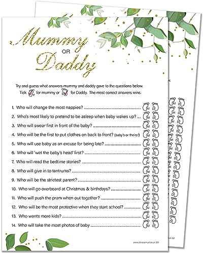 20 x Babyparty-Spiel für Mama oder Papa, Botanicals-Design (20 Gästekarten + 1 Karte mit Antworten für den Gastgeber + Gewinnerzertifikat)