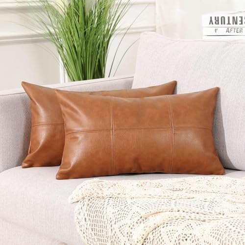 Mandioo 2er Set Classic Plaid Kunstleder dekorative Wurf Kissenbezüge 30x50 cm, Hand genähte Moderne Luxus Outdoor Dekokissen Kissenbezug Couchkissen Kissenhülle für Couch Schlafsofa Braun