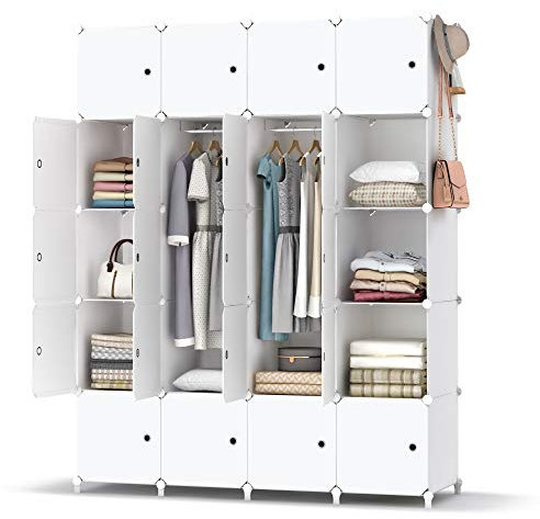 HOMIDEC Armadio Guardaroba Modulare di 20 Cubi, Portatile con 3 Barre per Appendere Vestiti, 35 x 45 cm Scomparti più Profondo Plastici DIY Mobiletto Stanzino per camera da letto, Bianco