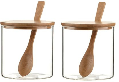 2 tarros de especias de vidrio transparente de 300 ml, recipientes de almacenamiento de condimentos para cocina, sal, pimienta, azúcar, especias y hierbas con cuchara de madera y tapa