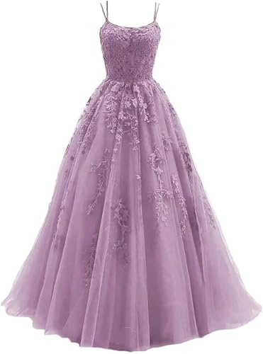 HYEC7 Women's Spaghetti Straps Tulle Prom Dresses Long Lace Appliques Ball Gown Formal Evening Party Gowns