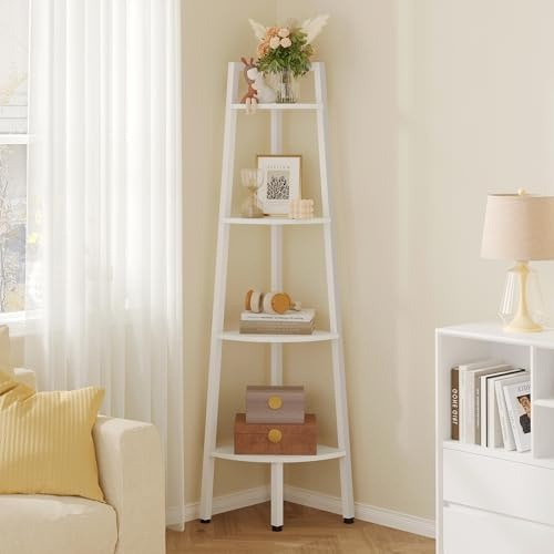 Hoctieon Corner Shelf, 4-Tier Corner Bookshelf, Rustic Corner Ladder Shelf, Industrial Display Shelf for Living Room, Kitchen, Home Office, Balcony, Small Space, Metal Frame, White