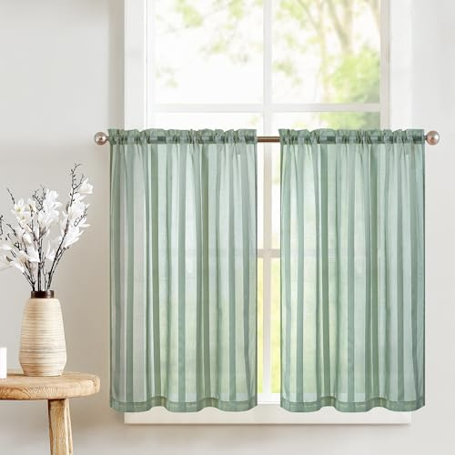 TOPICK Sheer Fönstergardiner blågrön H 90 x B 90 (cm) Set om 2 med dragsko transparent bistrogadin lantställe voile köksgardin randiga köksgardiner par för badrum, små fönster