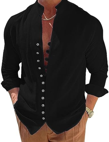 NANAMEEI Men Linen Shirts Casual Collar Shirts Men Long Sleeve Top,Black, 2XL