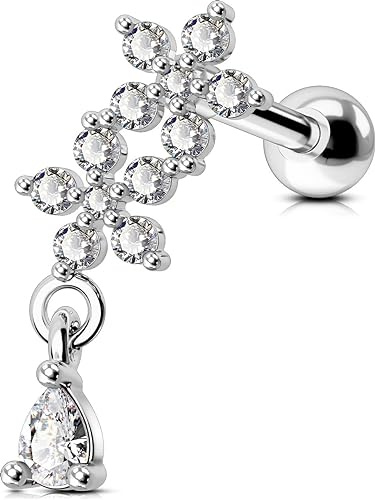 OUFER 16G Dangle Helix kirurgisk stålpiercing för conch, tragus, blomma, brosk, örhängen med blommor, 16 Gauge, Kubisk Zirkonia
