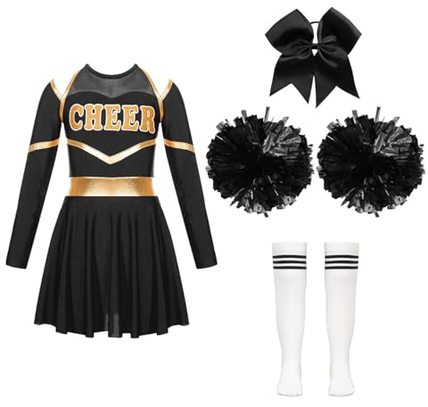 dPois Enfant Fille Uniforme de Pom-Pom Girls avec Pompons Déguisement Halloween Costume Carnaval Robe de Danse Gym Sport Cheerleading 5-16 Ans D Blanc et Noir 11-12 ans