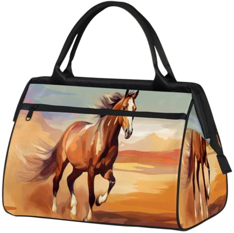Watercolor Running Horse Gym Bag for Women Men, Travel Sports Duffel Bag with Trolley Sleeve, Waterproof Sports Gym Bag Weekender Overnight Bag Carry On Tote Bag for Travel Gym Sport