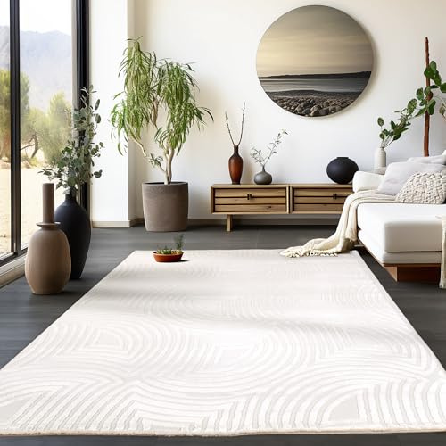 HomebyHome Kurzflor Teppich Läufer 80x150 cm Creme Modern Skandinavisch Boho Design Einfarbig 3D Effekt Weich Waschbar Pflegeleicht für Flur Eingang Küche Schlafzimmer