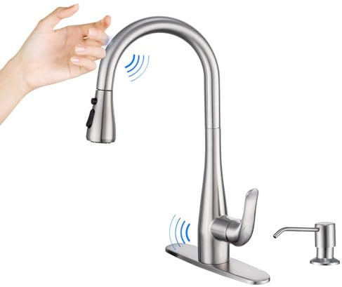 HGHGK Touch on Kitchen Faucet with Soap Dispenser and Pull Down Sprayer - Single Handle Kitchen Sink Faucet, 1 or 3 Hole Design for Modern Farmhouse Kitchens and Bar Sinks