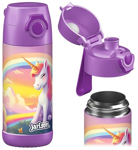 Jarlson® Trinkflasche Kinder Edelstahl MALI [THERMOSFLASCHE] - Kindertrinkflasche Auslaufsicher - Thermoskanne Kohlensäure geeignet - Trink Flasche für Schule & Kindergarten (350ml, Einhorn 2.0)
