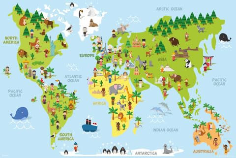 empireposter Kinderweltkarte - Children’s World Map - Poster Druck - Grösse 91,5x61 cm + 2 St Posterleisten Alu 93,5 cm