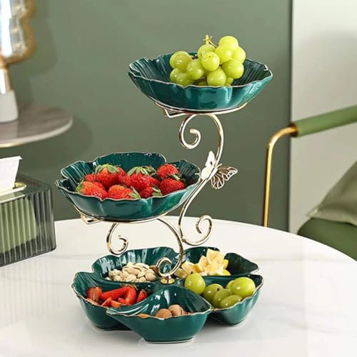 JUNYFFF Frutero 3 Pisos, Fruteros De Cocina Modernos, Frutero De Cerámica Cesta De Frutas De 3 Niveles con Soporte Metálico para Decoración De Cocina, Verduras, Frutas, Aperitivo,Verde