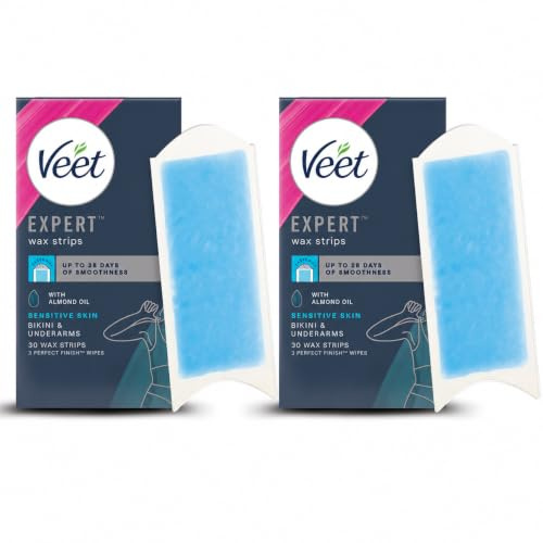Veet Expert Bikini Cold Wax Strips, Sensitive Skin, 60 Strips, 6 Wipes | Hair Removal Wax Strips, 28 days of smoothness, Removes shortest hair from root, Soothing with Almond oil, Moisturising Wipes