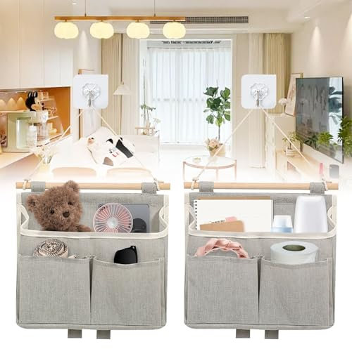 Forhandy Organizador colgante de lino plegable de 2 unidades, organizador de pared de alta capacidad con 3 compartimentos, bolsa de almacenamiento colgante, plegable, con gancho adhesivo, color gris
