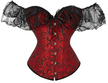 LYSINK Corsetto da donna con spalle scoperte con maniche in pizzo, cravatta frontale vintage floreale disossato, bustier rinascimentale, A-Rosso scuro, S