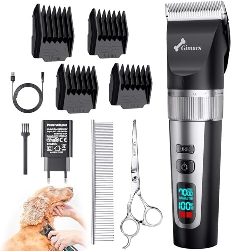 Gimars 3 in 1 Low Noise 4-Speed 7000 RPM Dog Clippers, Cordless Professional Dog Grooming Clippers Kit, Rechargeable Pet Shaver with Comb & Scissors for Dogs, Cats & Horse Thick Hair