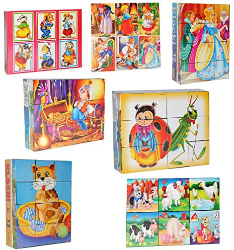 alles-meine.de GmbH 3 Set: Bilderwürfel/Würfelpuzzle aus Kunststoff - 12 Teile mit Vorlagen - Puzzle - Verschiedene Märchen/Tiere und Comic Figuren für Kinder - Puzzle Kunsts..