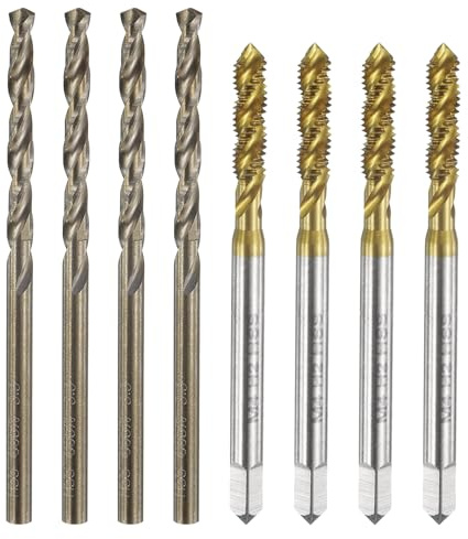 sourcing map Tap and Drill Bit Set, 4pcs M4 x 0.7 Metric Spiral Flute Thread Screw Taps & 4pcs 3.3mm Twist Drill Bits, Titanium Coated/Roasted Yellow HSS-6542/M35 HSS-CO Tapping Threading Tool