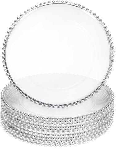 sourcing map 12 sottopiatti rotondi in plastica trasparente, 33 cm, con bordo in perline, per cena, dessert, matrimoni, feste, eventi, decorazione da tavolo, colore argento