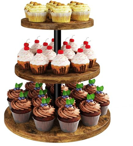 IBUYKE Soporte para Tartas de 3 Pisos,Soportes de madera para magdalenas,Soporte Redondo para Cupcakes,Soporte de exhibición,Bandeja de Tartas para Navidad, cumpleaños, Fiesta en Casa,Marrón TLJ017H