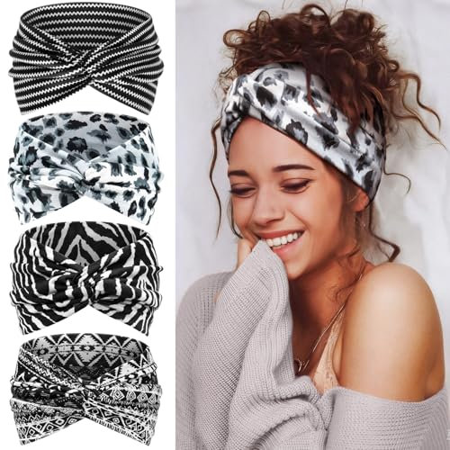 Tumurup 4 Pcs Haarband Damen Dünn, Stirnband Damen Sport - Breite Elastische Weiche Haarbänder für Yoga, Fitness & Kosmetik - Headband Haarschmuck Summer (Leoparden)
