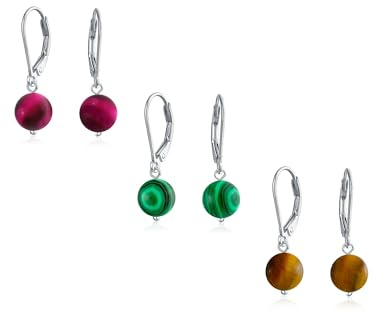 Juego de tres sencillos y básicos pendientes colgantes de bola con cuentas redondas teñidas en fucsia, ojo de tigre marrón y malaquita verde oscuro para mujer de plata esterlina .925
