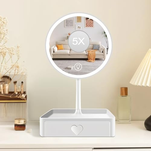 Cuteefun Schminkspiegel mit Beleuchtung, 5X VergrößErungsspiegel, Weiß | Tischspiegel mit Schublade, 3 Farben Dimmbar, USB Aufladbar, LED Kosmetikspiegel für Schlafzimmer, Waschtisch, Badezimmer