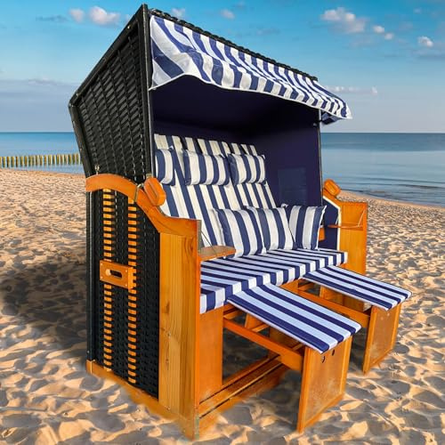 BRAST Strandkorb Ostsee 3-Sitzer XL für 2-3 Personen | 155cm breit | 2 Designs, Tragkraft bis zu 500kg, verstellbare Rückenlehne | Blau/Weiß gestreift