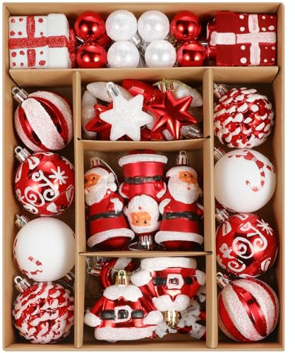 Christmas Baubles, 55 ct Red White Assorted Xmas Elements Ornaments, Shatterproof Decorative Hanging Ball Ornaments for Holidays Party Wedding Christmas Tree Decoration