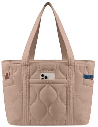 LOVEVOOK Shopper Tasche Damen Groß 15.6 Zoll Laptop Handtasche Elegante Puffer Tote Bag Women Arbeitstasche Aktentasche Lehrertasche Bürotasche Einkaufstasche für Uni Business Reisen, Khaki