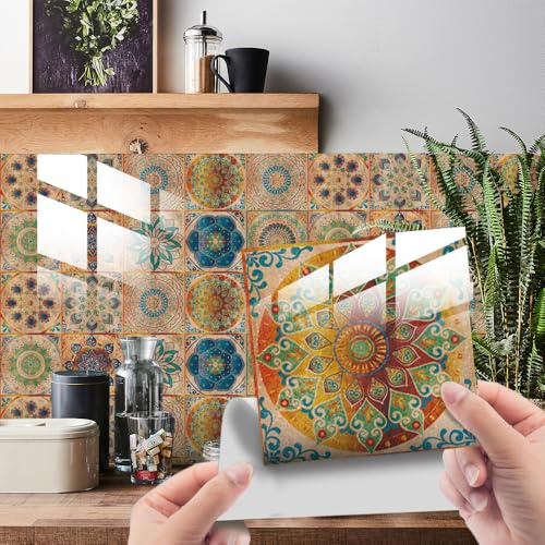 HORIWE Mandala Retro Fliesenaufkleber PVC Wasserdicht Wandaufklebe 24 Stück | Wasserdicht & ölfest Selbstklebende Tapete Einfach Anzubringen Fliesen Folie für Küche, Schrank, Möbel, Tisch, Badezimmer
