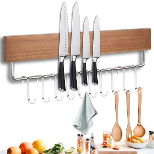 Nerien Magnetic Knife Holder Strip for Wall - 17 Acacia Wood Knife Magnetic Strip with 10pcs Hooks, No Drilling Knives Magnet Block Rack, Magnet Knives Storage Holders for Kitchen Utensil Organizer