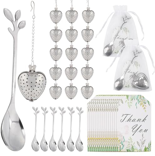 50 Sets Bridal Shower Tea Party Favor for Heart Shape Infuser Ball for Loose Guest Leaf Tea Spoon with Thank You Card Organza Bag Wedding Favors Tea Party Decorations Elegant Party Favors(Silvery)