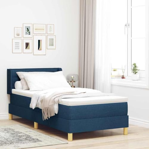 vidaXL Sängbotten med madrass i blått – 100 x 200 cm. Den har justerbar sänggavel i tyg, avtagbart överdrag och en modern design. Den är fylld med högdensitetsskum och har en plyschklädd yta