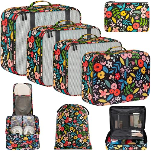 BAGAIL Cubi da Imballaggio per Valigia Set 8 Pezzi, Organizzatori Leggeri per Bagagli e Accessori da Viaggio, Fiori nero